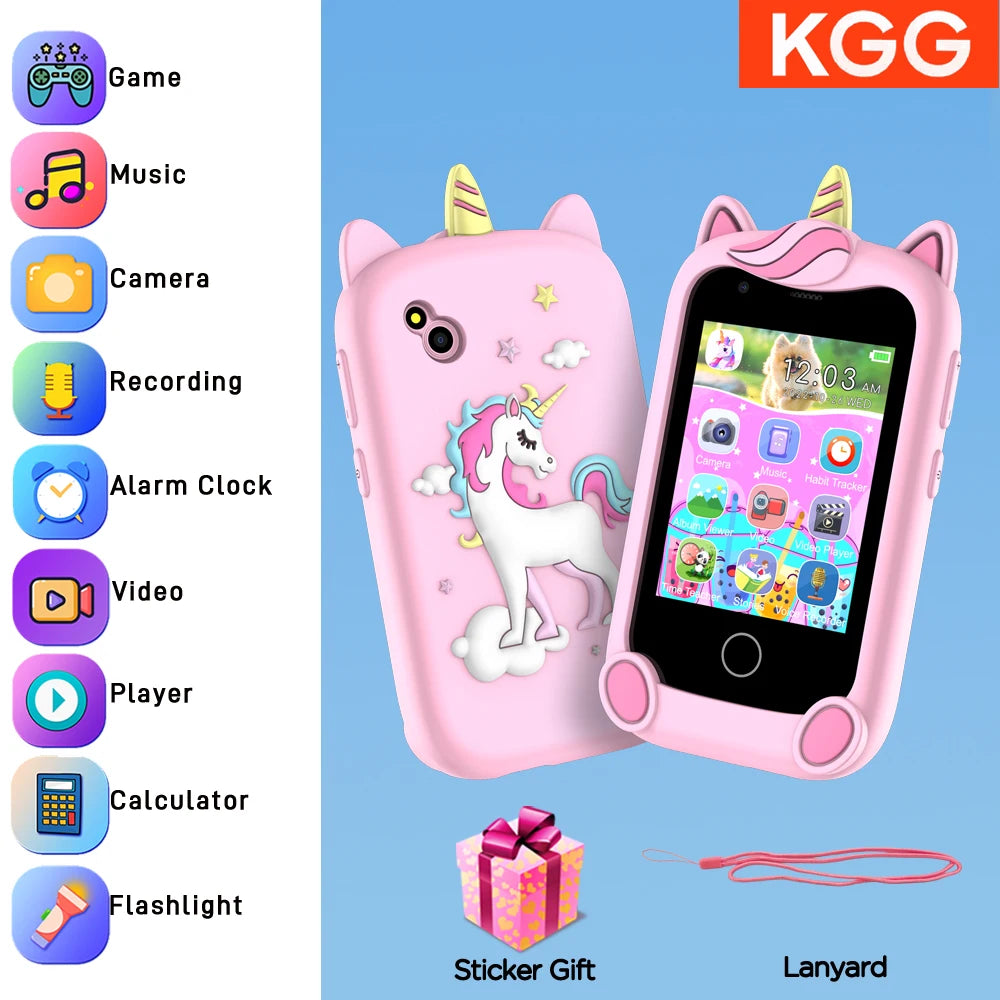 A pink unicorn-themed phone case with a lanyard and sticker gift shown next to the phone.