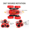 A red remote control car with four wheels is shown demonstrating 360 degree rotation and revolving wheel features.