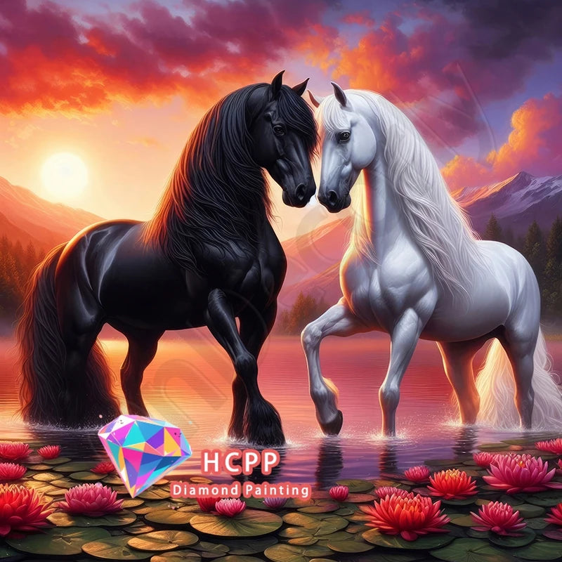 A painting kit featuring two horses and lotus flowers set against a vibrant sunset background.