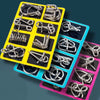 A collection of silver metal wire puzzles and brain teasers arranged in colorful plastic trays.