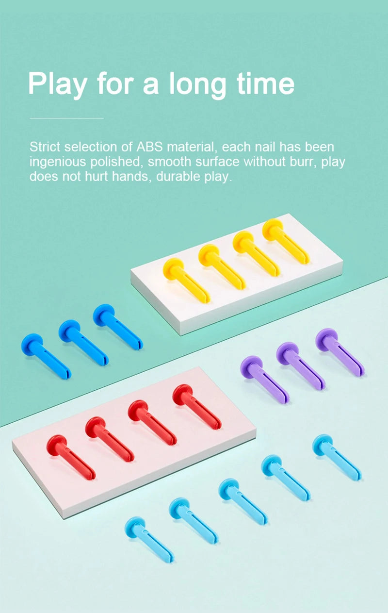 A collection of colorful hammer nails in yellow, blue, and red are displayed on white trays for a fine motor skill game.
