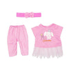 Pink outfit set for a doll including a shirt, pants, and a bow