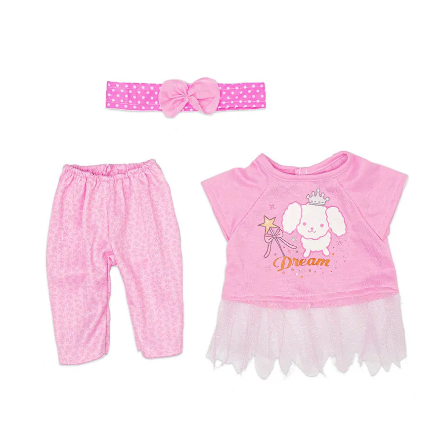 Pink outfit set for a doll including a shirt, pants, and a bow