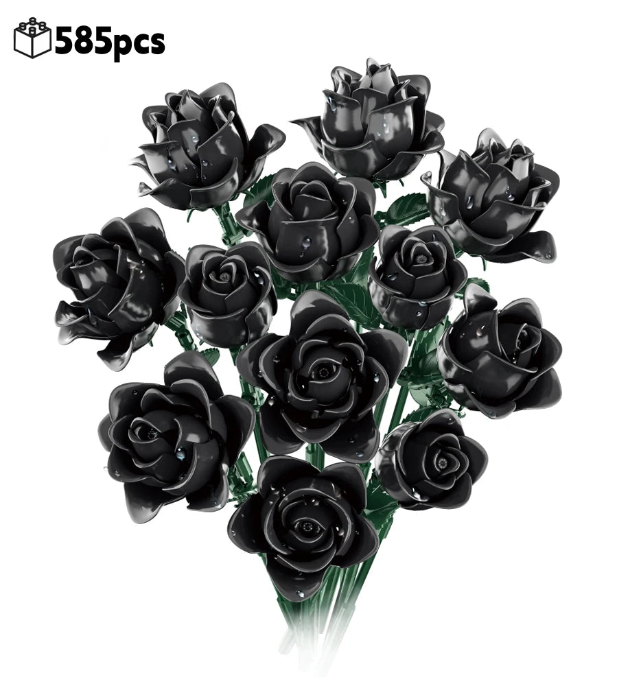 A bouquet of dark black artificial roses made from building blocks.