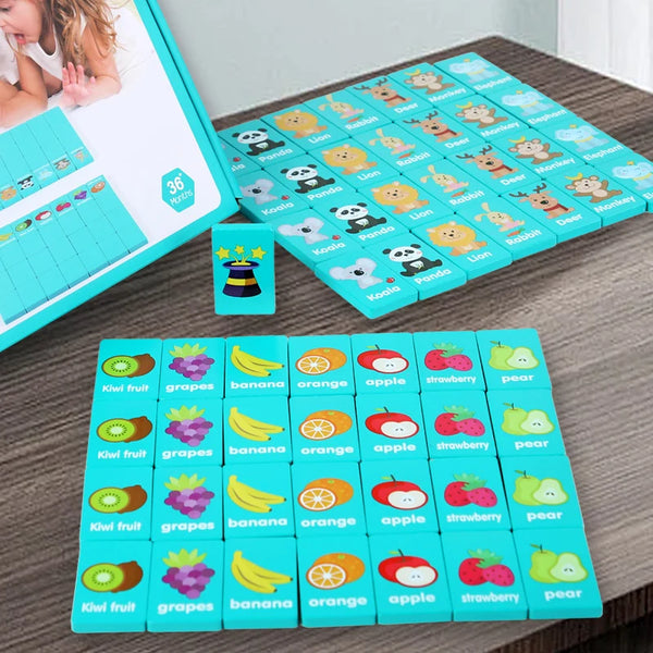 A wooden farm and fruit matching puzzle game featuring various fruits and animals for children.