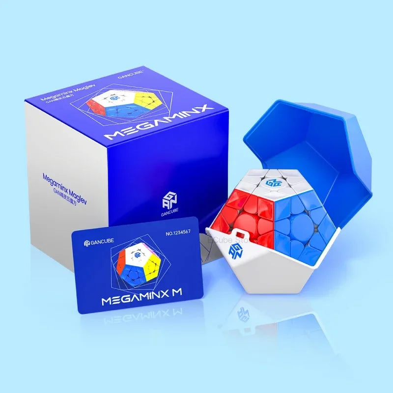 A blue and white Megaminx cube is shown in various forms, including a box and an open structure.