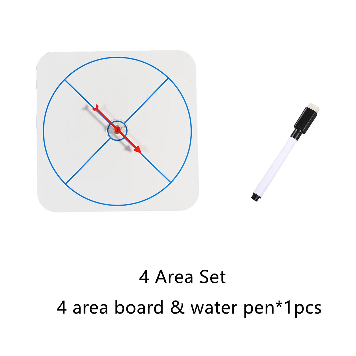 A white magnetic teaching board with a circular spinner and an attached black water pen.