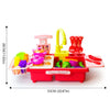 A red electric kids kitchen sink toy set with running water and play food items.