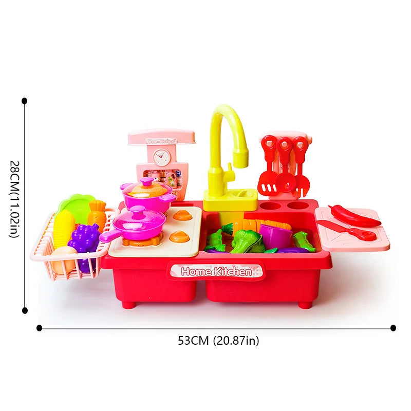 A red electric kids kitchen sink toy set with running water and play food items.