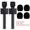 Black microphone kit including a handle, flag, and four windshield foams for wireless lavalier microphones