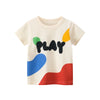 A cream-colored short-sleeve cotton t-shirt for a child featuring a black text design and colorful abstract shapes on the fro