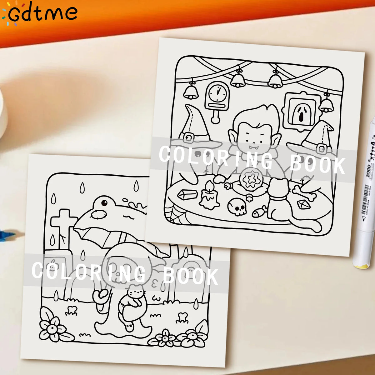 A set of black and white coloring pages featuring spooky Halloween themes like witches, ghosts, and bats for an adult colorin