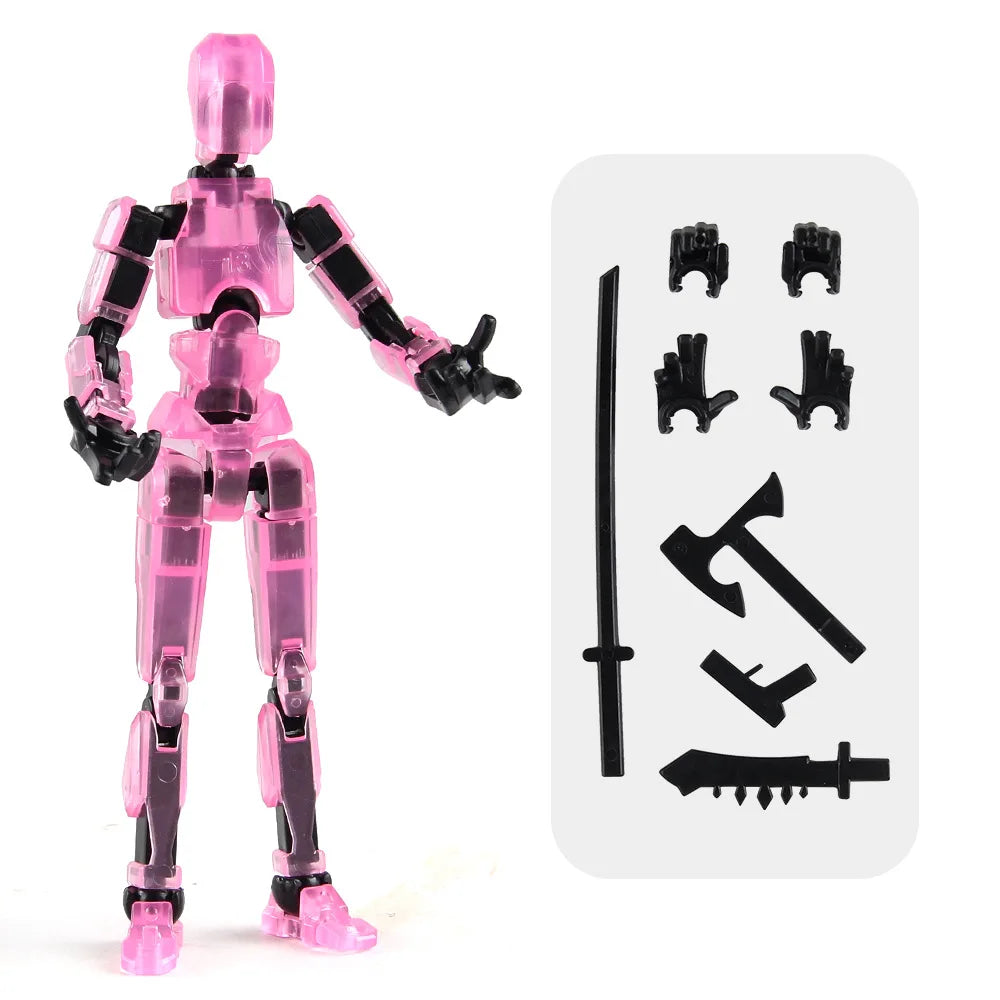 A pink multi-jointed puppet with black accessories and tools displayed next to its parts.