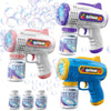 A collection of bubble machine guns and bubble solutions for kids in various colors like pink, purple, and blue.