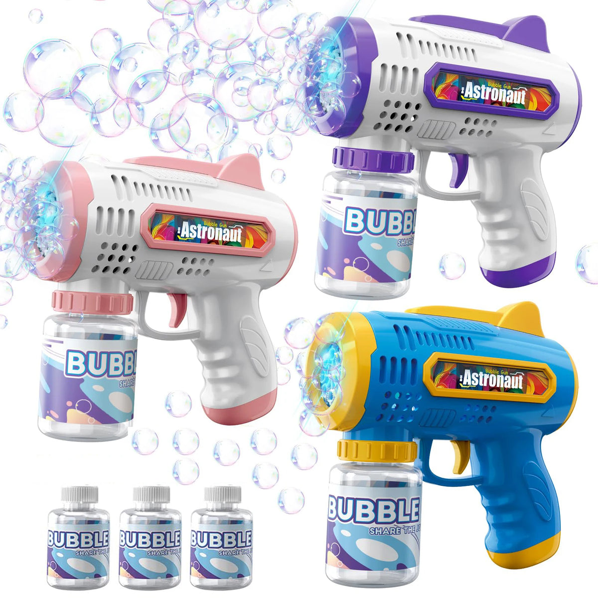 A collection of bubble machine guns and bubble solutions for kids in various colors like pink, purple, and blue.