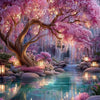 A vibrant landscape diamond painting featuring pink cherry blossoms and a flowing water scene.