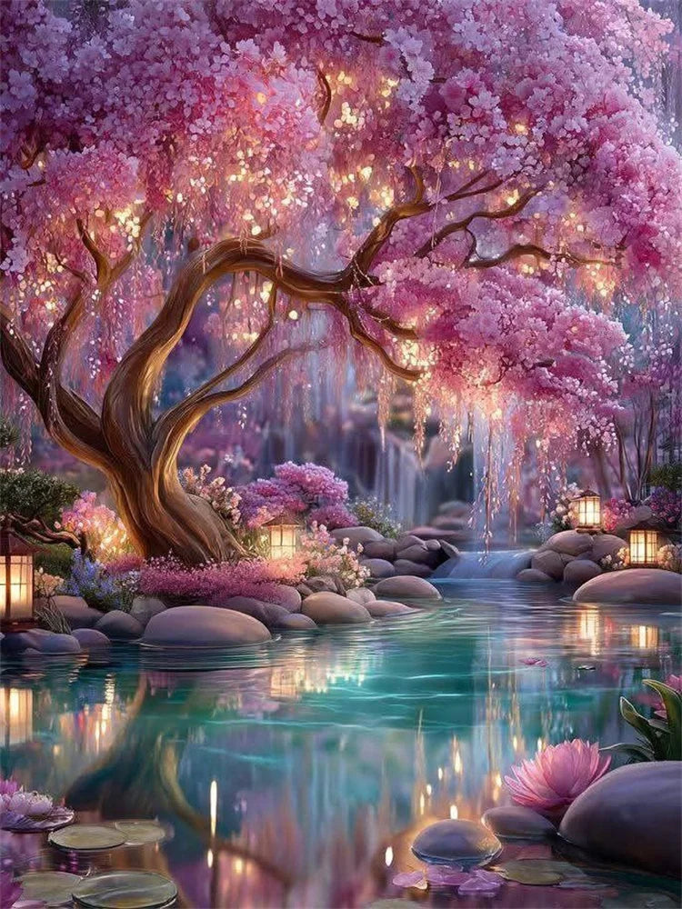 A vibrant landscape diamond painting featuring pink cherry blossoms and a flowing water scene.