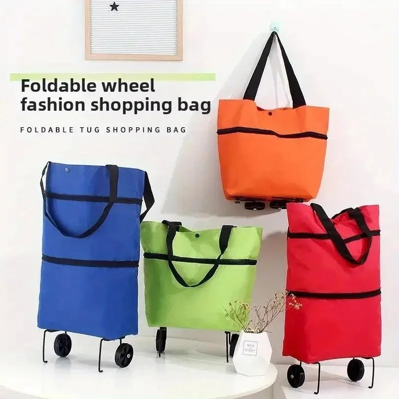 Orange and red foldable shopping bags displayed on a white surface.