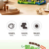 A set of forest cabin micro building blocks featuring a house, greenhouse, and windmill structure.