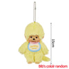 Yellow Monchhichi plush keychain with a light blue collar and a hanging chain