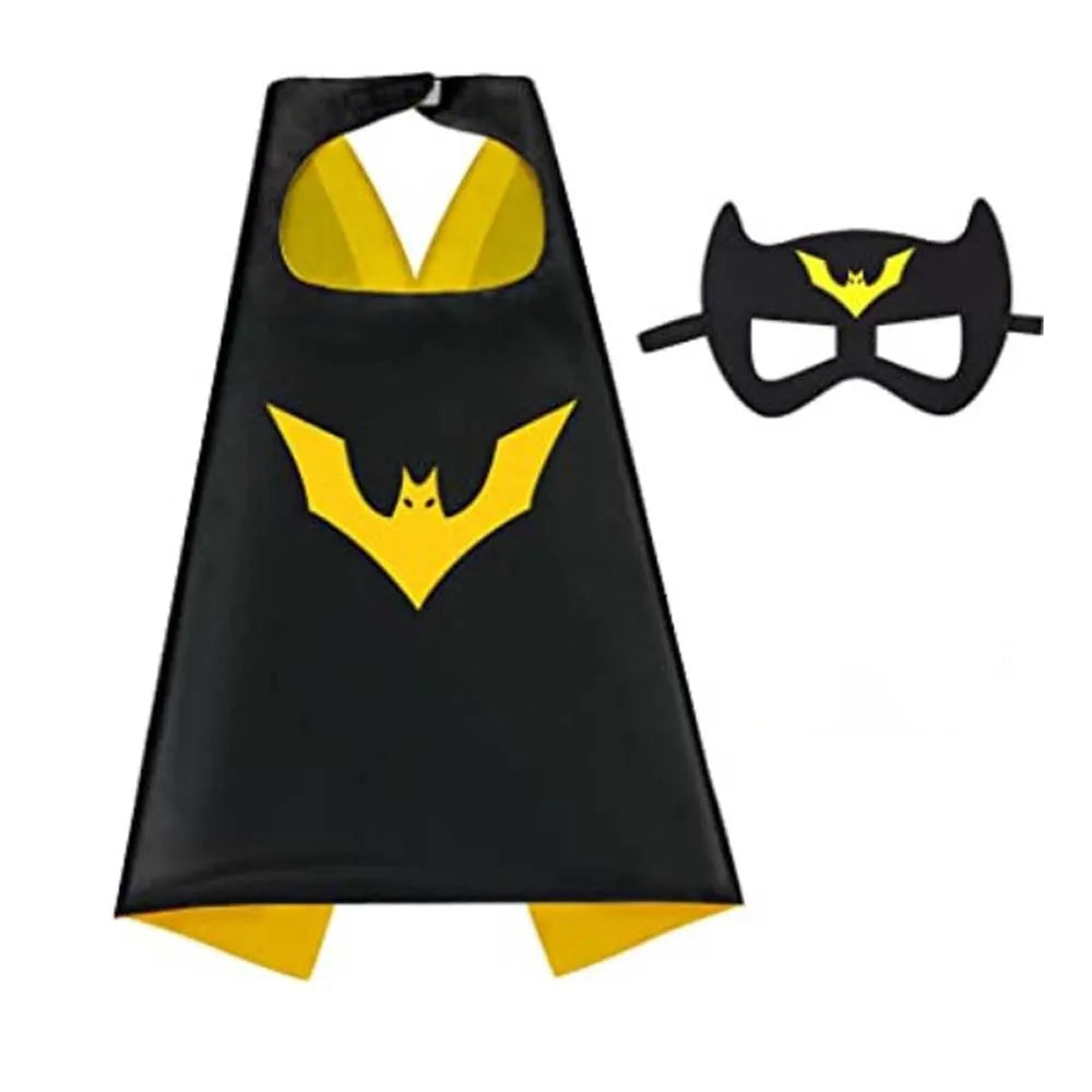 Black superhero cape and mask set with yellow accents for kids dress-up