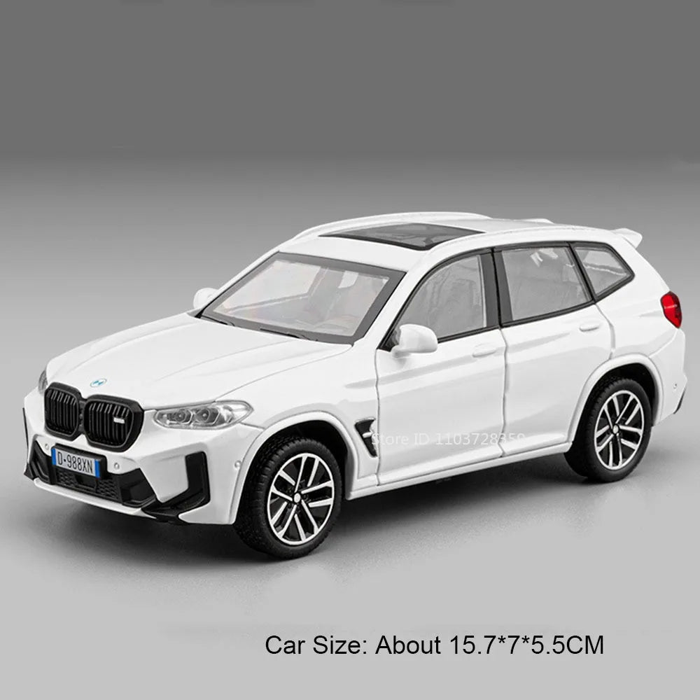 White 1:32 scale diecast model of a BMW X3M car with lights and sound features.
