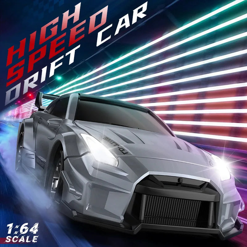 A silver high speed drift car model in 1:64 scale is shown with bright lights and motion blur.