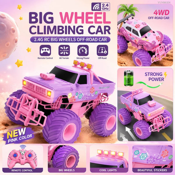 Voiture télécommandée rose tout-terrain avec grandes roues, lumières et autocollants.