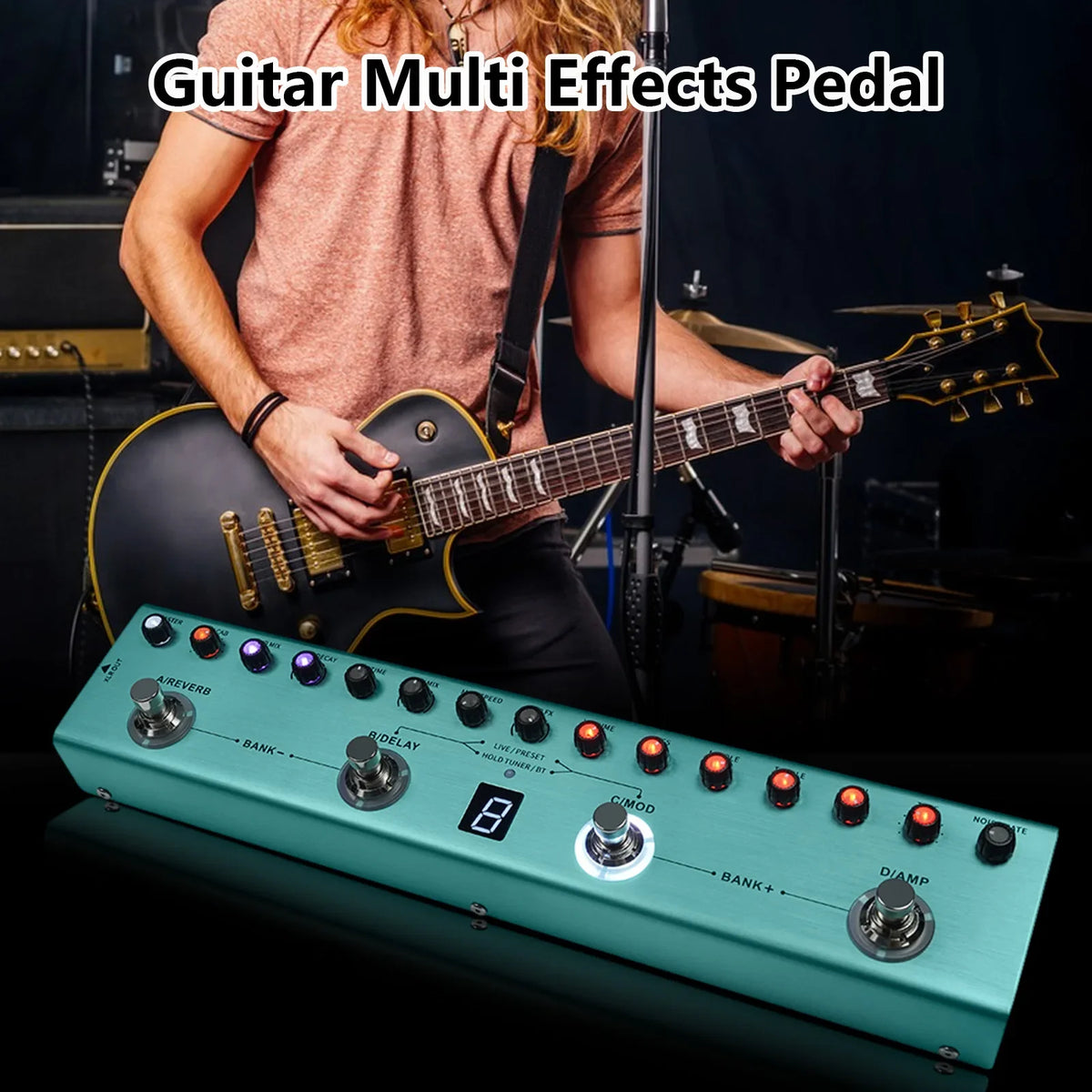 A person plays a guitar with an M-Vave Tank-G Guitar Multi-Effects Pedal featuring various controls and knobs.
