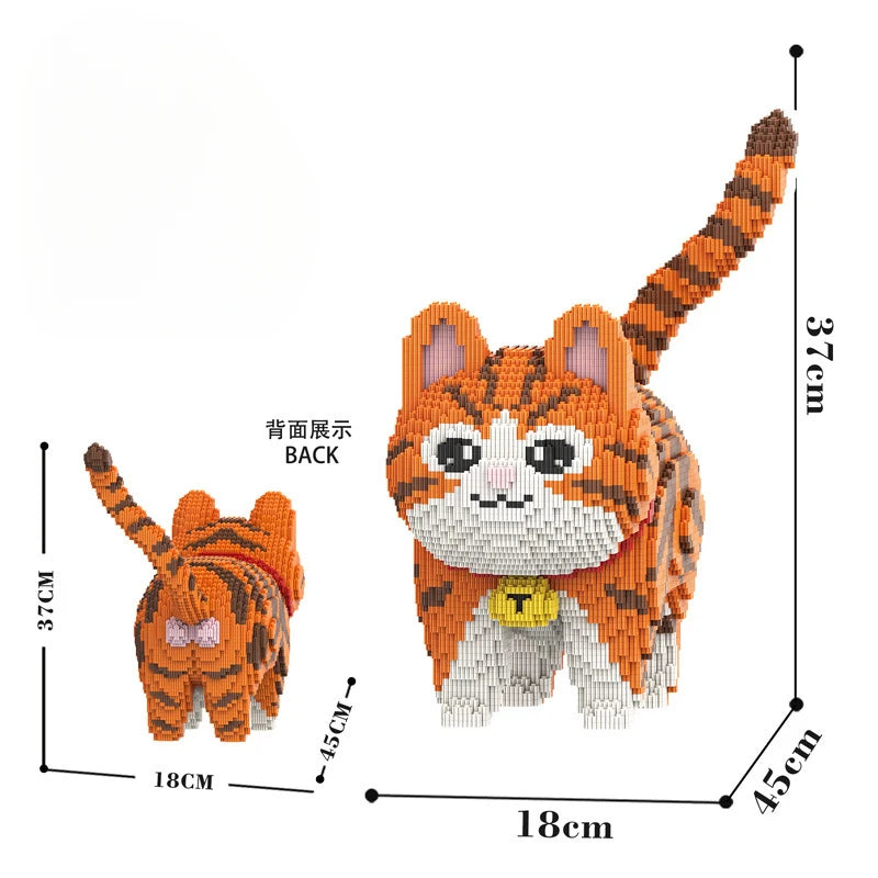 An orange tabby cat model made of mini building blocks, shown from the front.