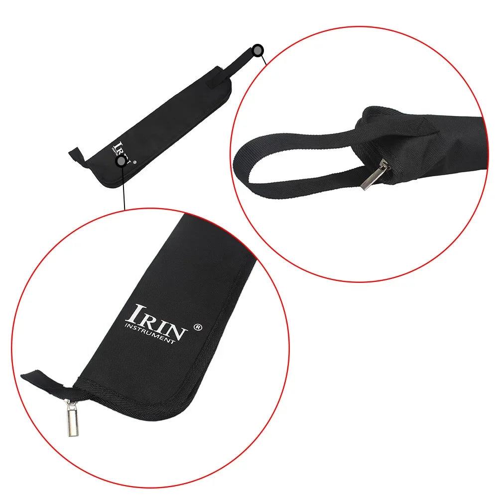 Black drumstick carrier bag with an adjustable strap and clip shown in various angles.
