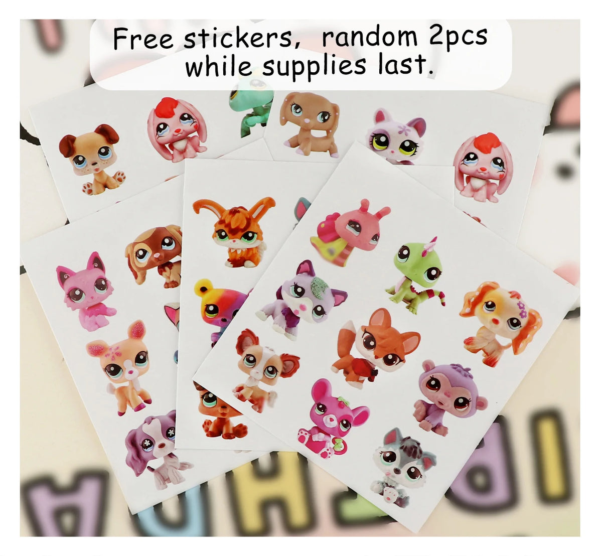 A collection of free stickers featuring various miniature pet animal figures and accessories.
