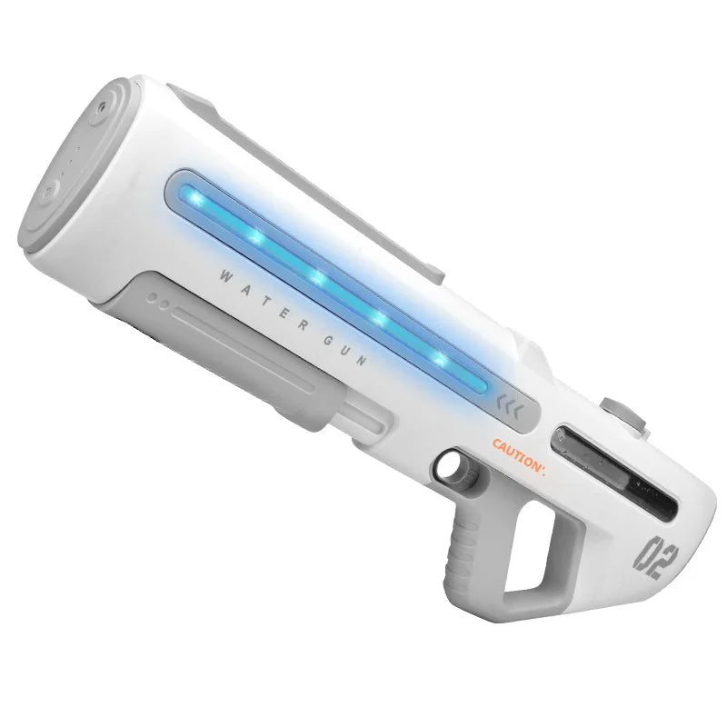 A white automatic electric water gun with a blue light, shown from the side.
