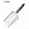 A silver beach sand scoop with a black handle and 5.0mm mesh for treasure hunting.