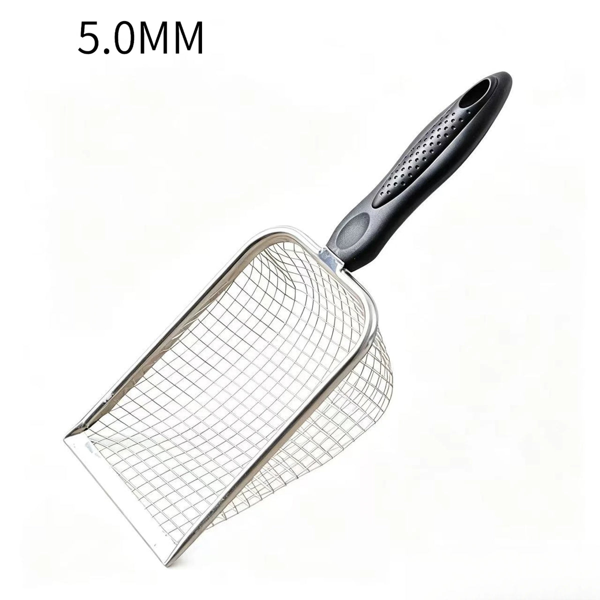 A silver beach sand scoop with a black handle and 5.0mm mesh for treasure hunting.