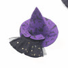 A purple witch hat with a black ruffled collar and sheer netting adorned with gold stars.