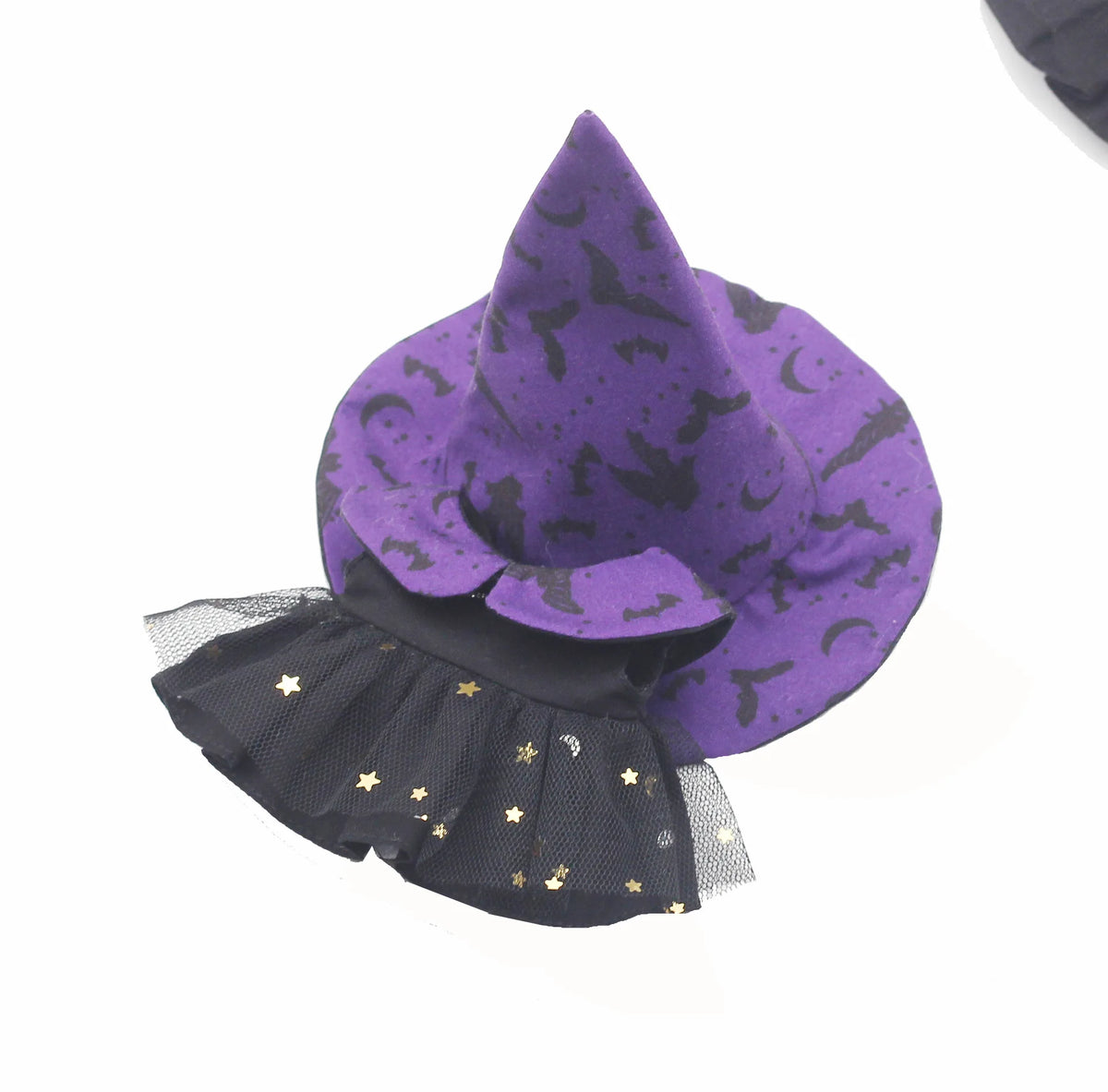 A purple witch hat with a black ruffled collar and sheer netting adorned with gold stars.