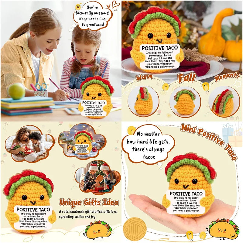 Handmade crochet yellow taco plush toy with a positive message and green lettuce topping