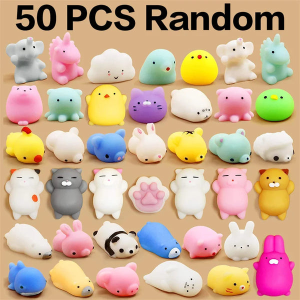 A collection of 50 assorted cute squishy mochi stress relief toys in various colors and shapes.