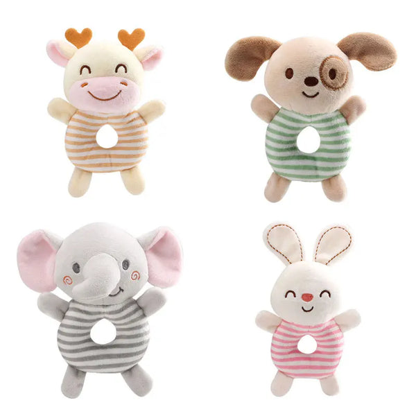 Three plush cartoon animal rattle toys: a yellow calf, a brown dog, and a gray elephant with pink accents.