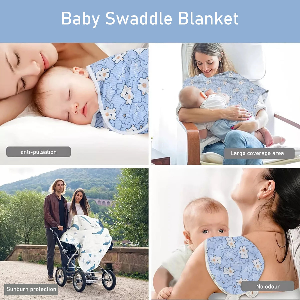 A baby is swaddled in a light blue patterned blanket while sleeping, shown in various contexts.