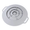 A round, light gray silicone spill stopper lid with a handle for pots and pans.