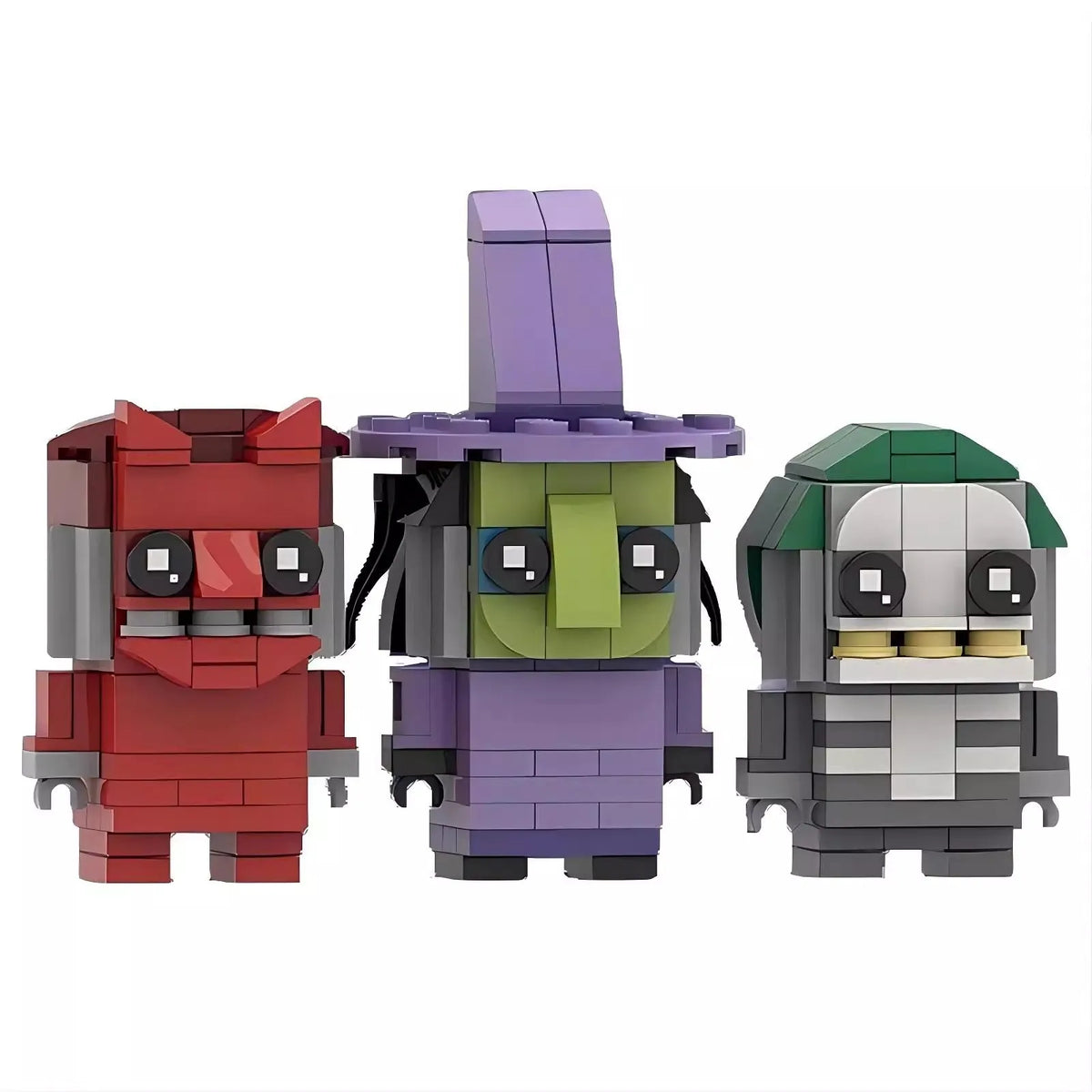 A set of three LEGO minifigures representing characters from The Nightmare Before Christmas