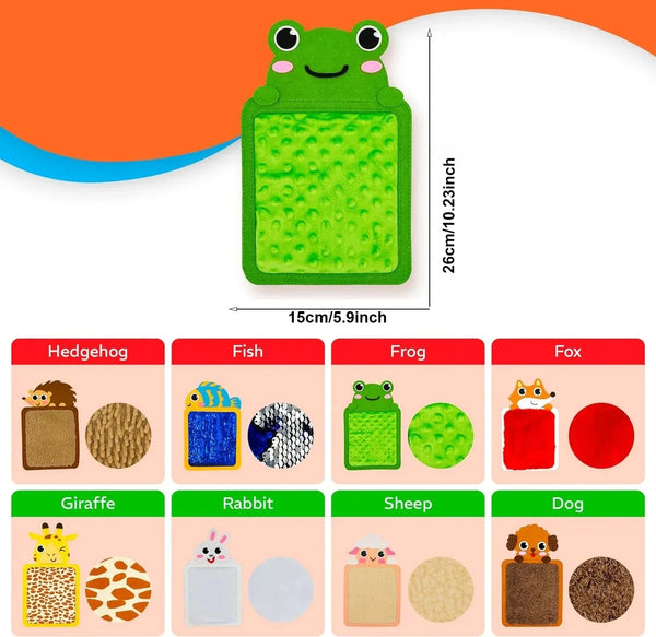 A collection of cartoon animal sensory felt mats featuring hedgehogs, fish, frogs, foxes, giraffes, rabbits, sheep, and dogs.