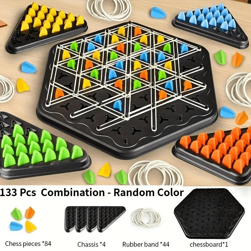 A combination of 133 chess pieces, four chassis, forty-four rubber bands, and one chessboard for a strategy game.