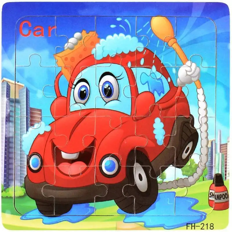A red cartoon car is featured in a 20-piece wooden puzzle set for children.