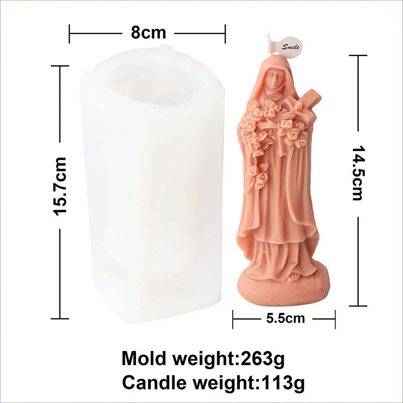 A pink silicone figure mold of a woman in a flowing robe used for candle and resin crafting.