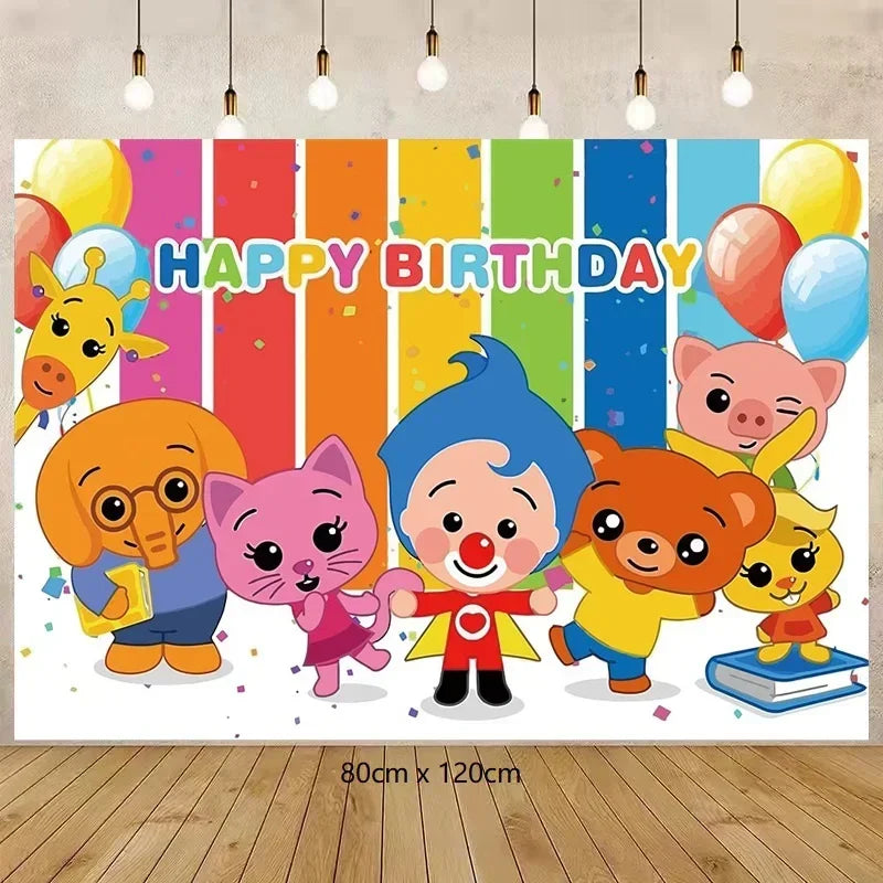 Colorful birthday banner featuring cartoon animals and balloons for a child's party