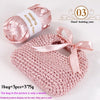 Pink satin ribbon yarn is shown alongside a finished knitted bag made from the yarn.