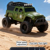 A green off-road RC car is shown with a control panel demonstrating three-level proportional output for speed adjustment.